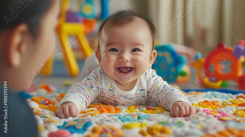 Adorable baby girl lying on playmat and giggling at parent