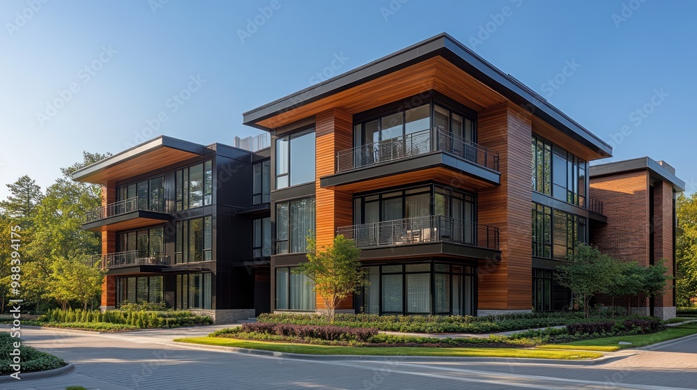 Modern architectural design featuring a multi-unit residential building.
