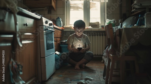 little boy alone in kitchen with mobile phone without talking. boy addicted to games and using mobile phone