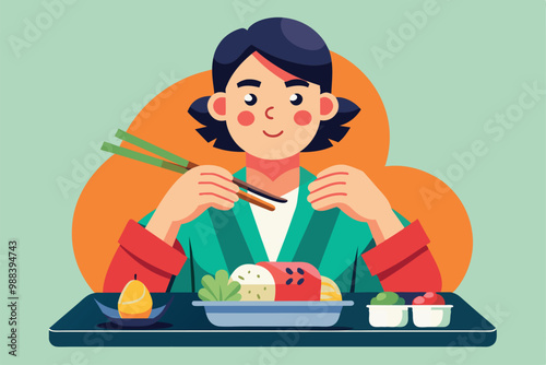 A person is preparing to enjoy a colorful sushi platter with various toppings, seated at a cozy restaurant during lunch.