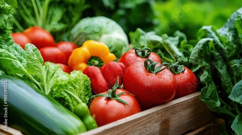 A vibrant assortment of fresh vegetables including tomatoes, bell peppers, and leafy greens in a wooden crate, showcasing the beauty of farm-to-table produce with rich colors.