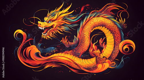 A dynamic dragon illustration in 2D vector style, featuring vibrant colors and a swirling pose, designed for banners or digital ads.