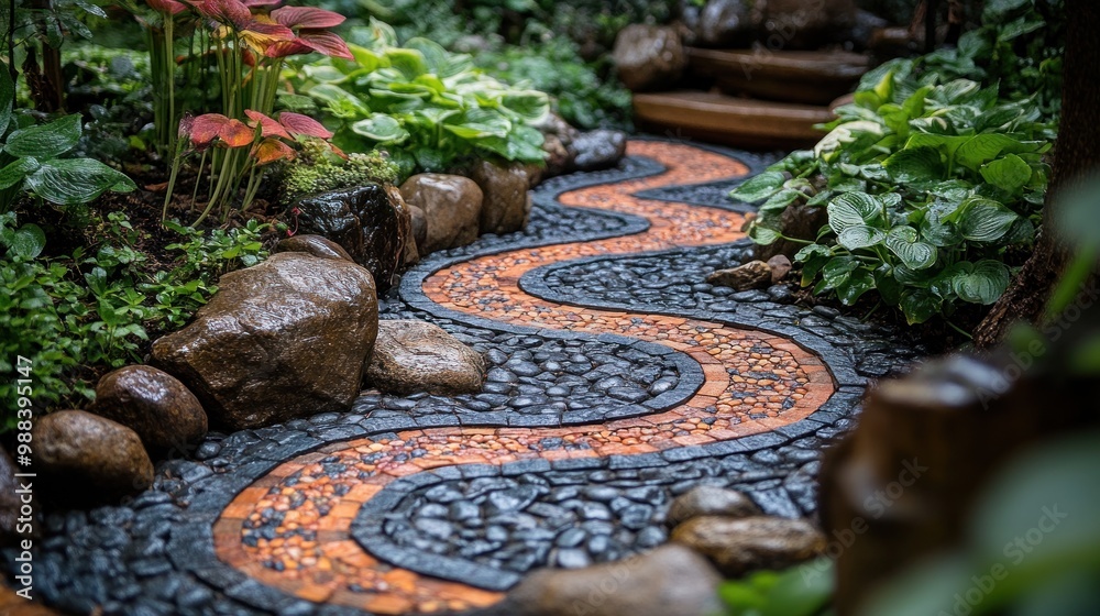 A winding stone pathway through a lush garden landscape. A winding stone pathway through a lush garden landscape.
