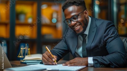 African-American entrepreneur reviewing and signing legal documents with an international client in a contemporary office setting, reflecting diverse professional interactions