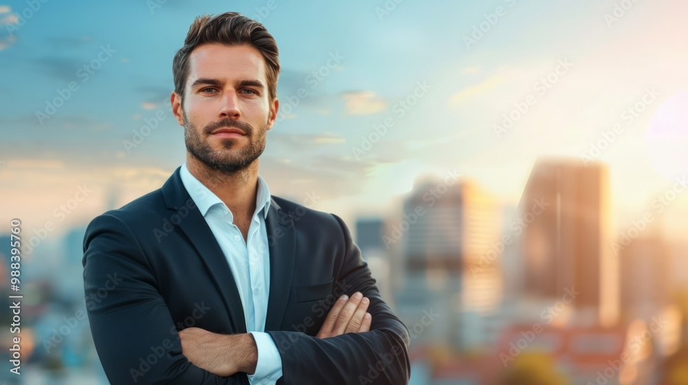 Businessman with arms crossed and a serious expression, standing confidently in front of a cityscape backdrop, demonstrating leadership and authority