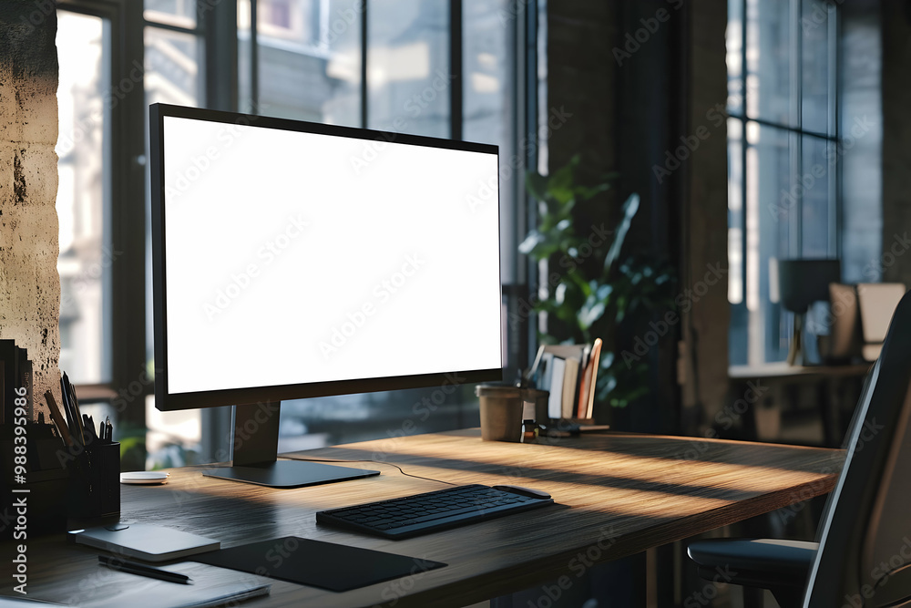 Modern Office Workspace with Blank Computer Screen 3D Illustration Modern Office Workspace with Blank Computer Screen 3D Illustration