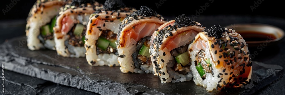 Unagi tempura uramaki sushi rolls with rice, cream cheese, eel, cucumber and nori. Hot crispy maki roll on black Unagi tempura uramaki sushi rolls with rice, cream cheese, eel, cucumber and nori. Hot crispy maki roll on black