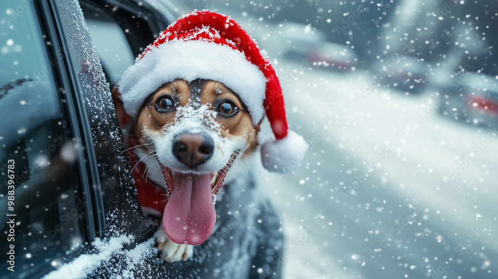 Surreal photo of a dog wearing a Santa hat, with a cute expression sticking out his tongue, poking out of the door of a car moving at high speed, snow covering the dog's nose and hat
Surreal photo of a dog wearing a Santa hat, with a cute expression sticking out his tongue, poking out of the door of a car moving at high speed, snow covering the dog's nose and hat
