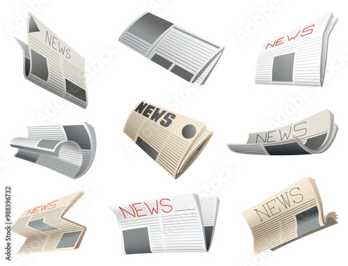 Folded newspapers. Modern news publications. Newspaper icons set. Periodical printing products, daily news and sport, food and medicine, business information, latest press