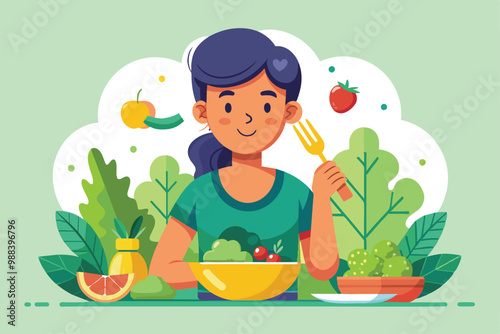 A person happily prepares to enjoy a colorful bowl of vegan salad surrounded by fresh vegetables and fruits in a light, cheerful atmosphere.