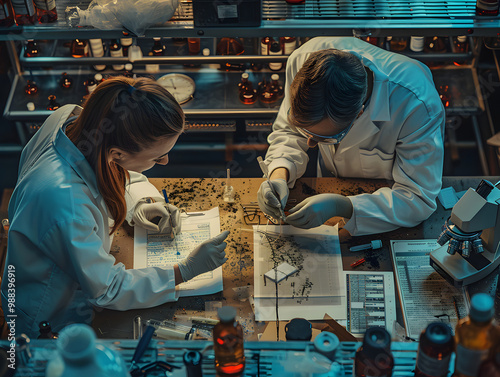 Forensic scientists analyzing evidence in a lab, conducting crime scene investigation, forensic research, and scientific study for evidence collection and criminal analysis in a forensic laboratory photo