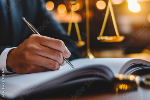 Lawyer writing legal document with scales of justice in background