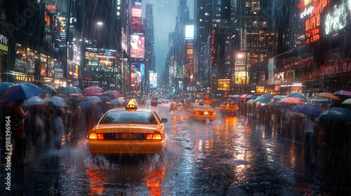 Yellow cab driving through times square during rainstorm