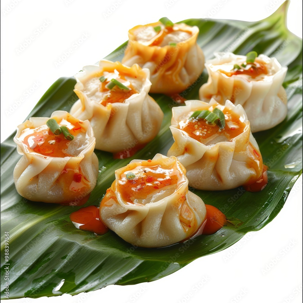 Vegetarian Dim Sum, Dimsum, Dumplings or Momos on Banana Leaf. Wontons with Spicy Sauce Isolated Vegetarian Dim Sum, Dimsum, Dumplings or Momos on Banana Leaf. Wontons with Spicy Sauce Isolated