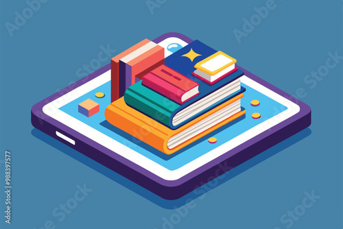 A vibrant display of colorful books stacked on a digital tablet, representing an innovative approach to online learning and educational resources.