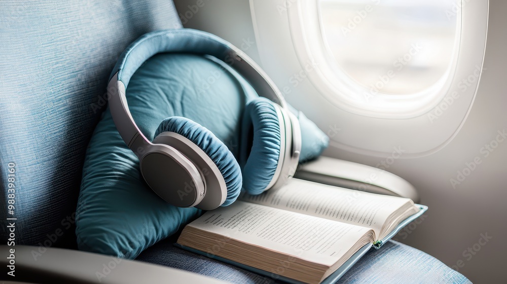 Cozy In-Flight Entertainment: Headphones, Book, and Airplane Window Cozy In-Flight Entertainment: Headphones, Book, and Airplane Window