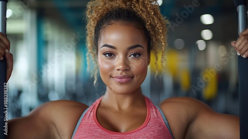 mid adult plus size woman working out on lat pulldown machine indoors in gym photo