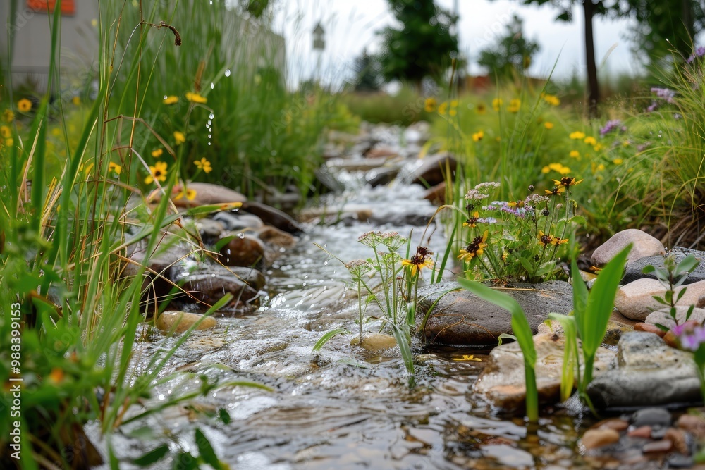 A small stream flows through rocks and plants. This photo is perfect for illustrating articles or websites about nature, tranquility, or relaxation. A small stream flows through rocks and plants. This photo is perfect for illustrating articles or websites about nature, tranquility, or relaxation.