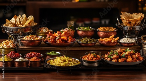 Assortment of Indian cuisine in copper bowls on a wooden table.