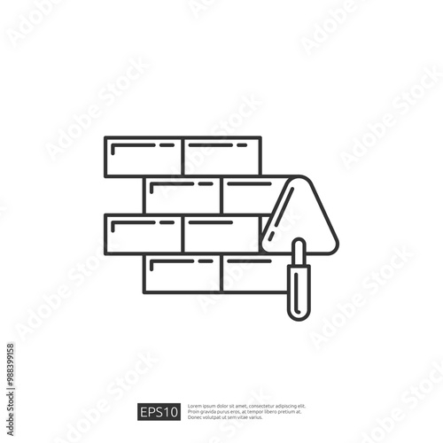 Bricklaying Icon,  Simple Black Outline of Trowel and Bricks