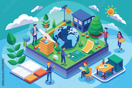 A vibrant isometric illustration showcases people engaging in eco education activities around a globe, highlighting sustainability and environmental awareness.