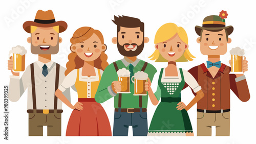 Festive gathering of diverse characters in traditional attire holding beer mugs