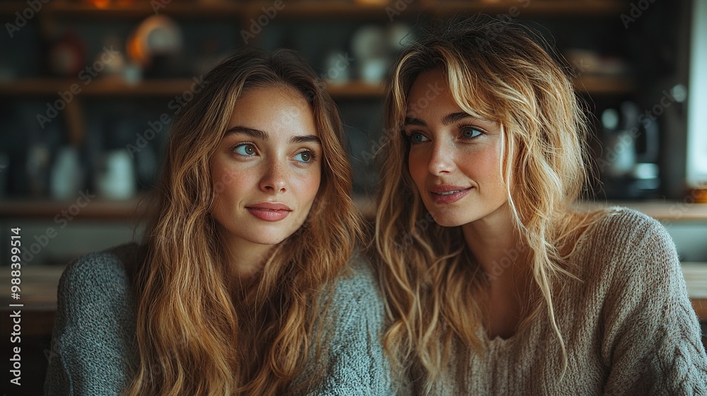 mother, mature daughter in kitchen sitting on floor, talking closeness of mom, her adult offspring mother, mature daughter in kitchen sitting on floor, talking closeness of mom, her adult offspring