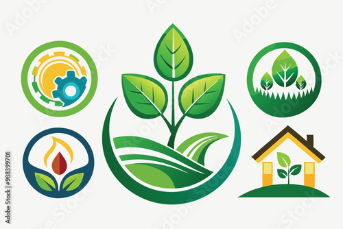A collection of eco logos showcasing symbols of sustainability, nature, and environmentally friendly living practices.