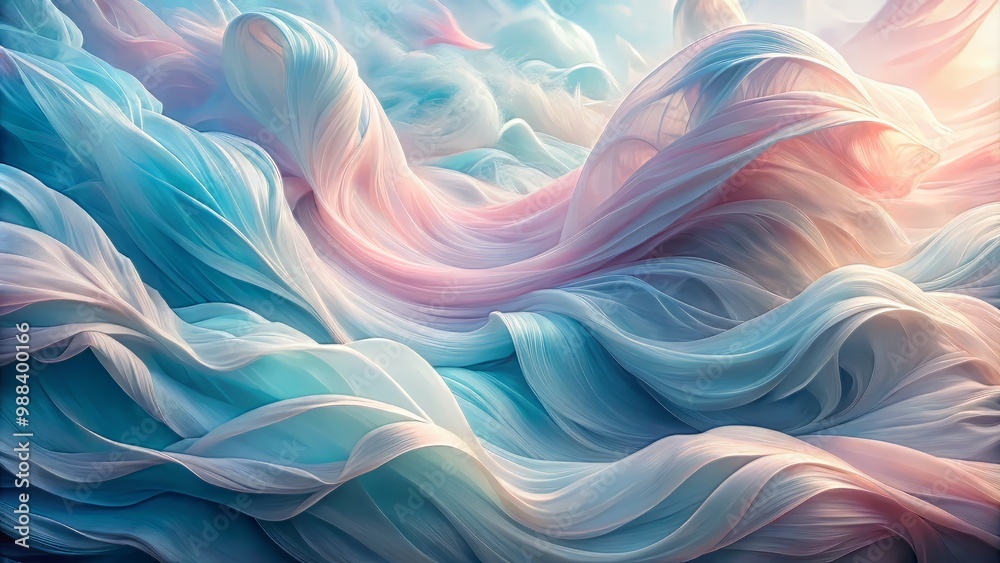 Obraz premium Ethereal Tides, delicate, feathery waves in baby blue and pale pink, flowing and merging in a dreamlike dance, conveying a sense of lightness and airiness.