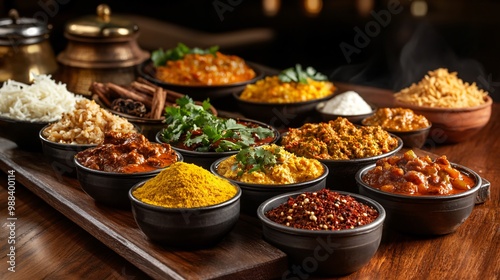 Assortment of Indian curries and spices in black bowls on a wooden tray.