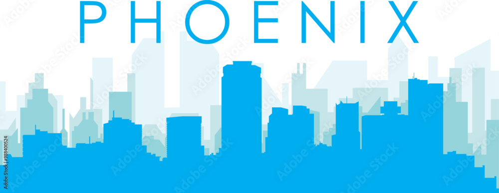 Blue panoramic city skyline poster with bluish misty transparent background buildings of PHOENIX, UNITED STATES Blue panoramic city skyline poster with bluish misty transparent background buildings of PHOENIX, UNITED STATES