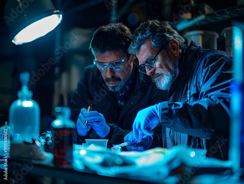 Scientists working in a laboratory at night, forensic experts examining evidence under blue light, crime scene investigation, scientific research, modern lab, detective work, close-up shot

 photo