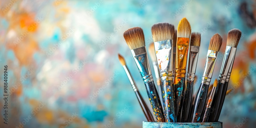 Artistic tools on a workspace, vibrant paintbrushes and watercolor pans, softly blurred background, inspiring creativity and expression. Artistic tools on a workspace, vibrant paintbrushes and watercolor pans, softly blurred background, inspiring creativity and expression.