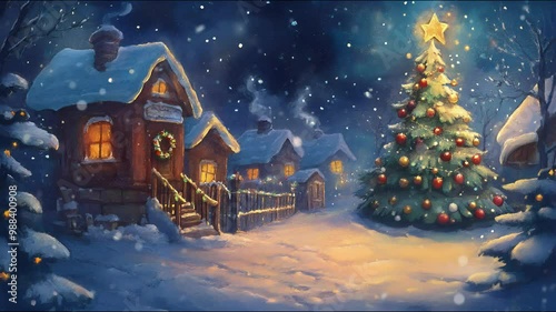 Snow-covered village with Christmas tree. Christmas celebration and festive decoration concept for 4K background material for loop playback, For lo-fi music and vide