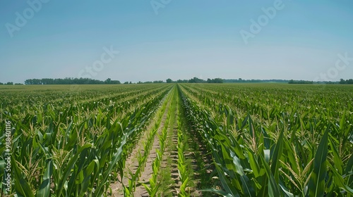 Expansive corn farm under a clear blue sky, rows of tall green stalks stretching into the distance.