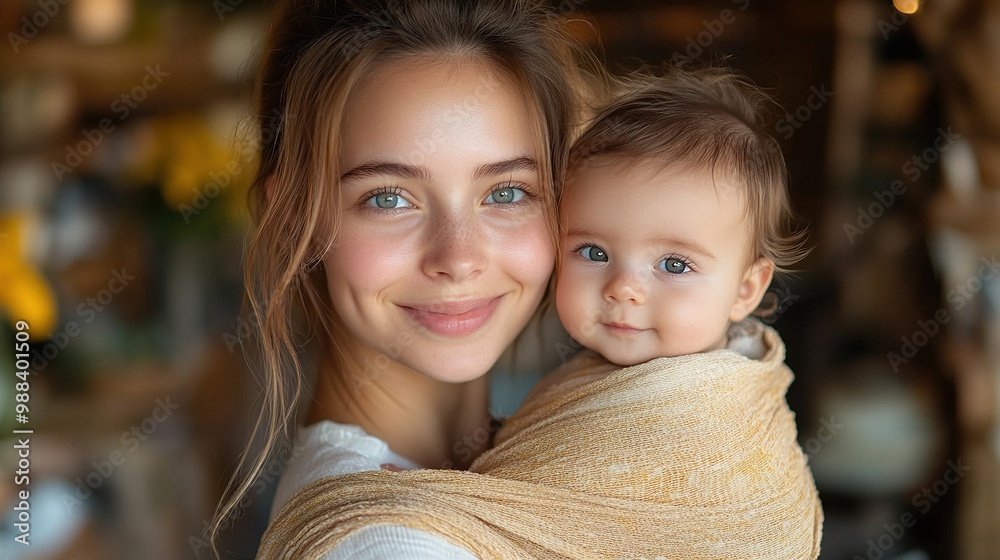 mother holding small baby while ironing carrying him around house in baby wrap unconditional paternal love mother day concept mother holding small baby while ironing carrying him around house in baby wrap unconditional paternal love mother day concept