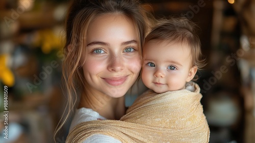 mother holding small baby while ironing carrying him around house in baby wrap unconditional paternal love mother day concept