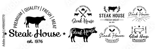 Steak house logo set. Vector illustration. Retro style grill restaurant, emblem design, logotype template. Barbecue restaurant typography logo. Vintage design. Set of steakhouse vector template logo.