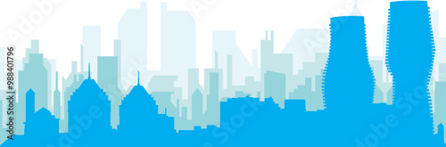 Blue panoramic city skyline poster with bluish misty transparent background buildings of MISSISSAUGA, CANADA