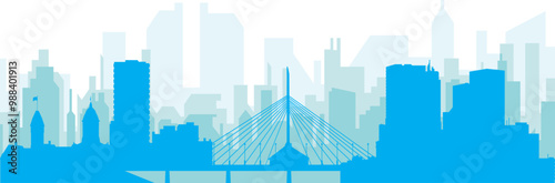 Blue panoramic city skyline poster with bluish misty transparent background buildings of WINNIPEG, CANADA
