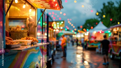 A vibrant evening open-air food festival. The center of attention is a colorful, illuminated food truck where dishes are prepared and sold.