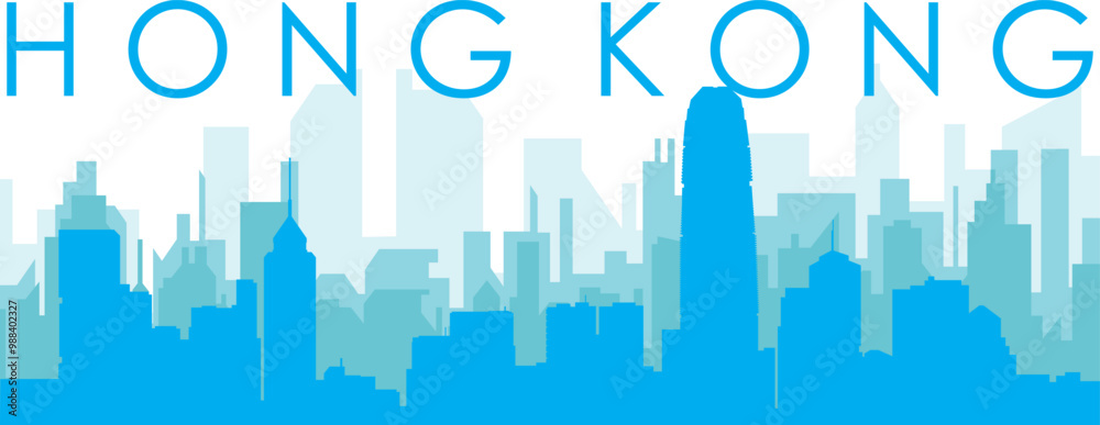 Obraz premium Blue panoramic city skyline poster with bluish misty transparent background buildings of HONG KONG
