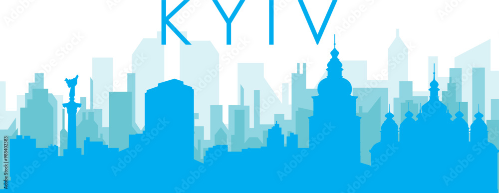Blue panoramic city skyline poster with bluish misty transparent background buildings of KYIV, UKRAINE Blue panoramic city skyline poster with bluish misty transparent background buildings of KYIV, UKRAINE