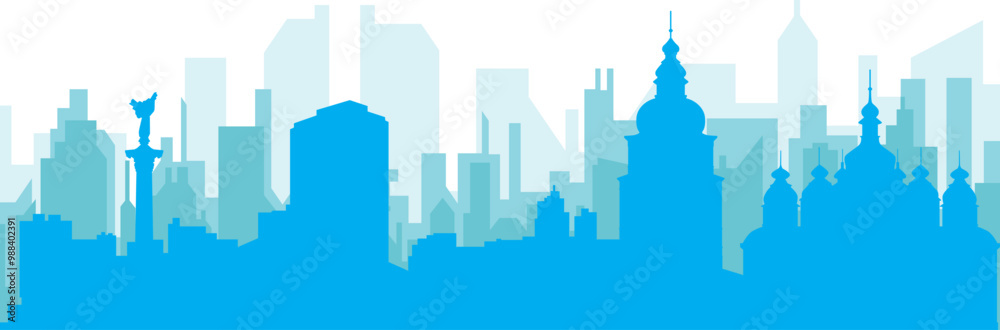 Blue panoramic city skyline poster with bluish misty transparent background buildings of KYIV, UKRAINE Blue panoramic city skyline poster with bluish misty transparent background buildings of KYIV, UKRAINE