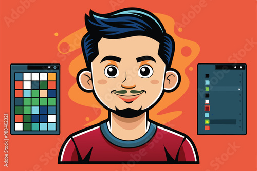 A young man with a friendly demeanor stands in a creative studio, surrounded by color palettes and design tools, ready to create unique illustrations.