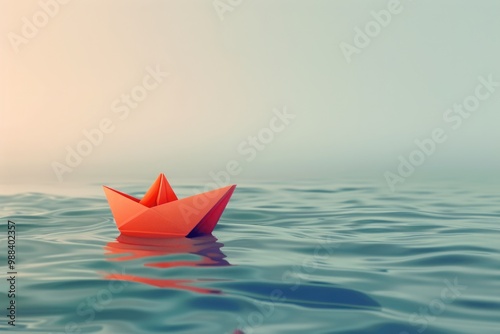 Paper Ocean. Toy Paper Ship Sailing Calm Waters in 3D Concept Illustration