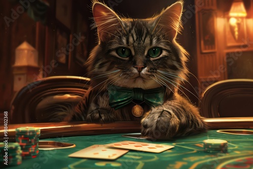 Cat Casino Dealer, Cat as Croupier is Waiting for Player, Cats Redy to Play Cards at Green Casino Table photo