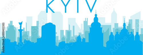 Blue panoramic city skyline poster with bluish misty transparent background buildings of KYIV, UKRAINE