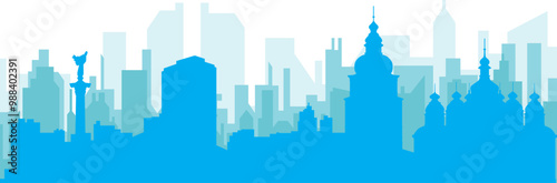 Blue panoramic city skyline poster with bluish misty transparent background buildings of KYIV, UKRAINE