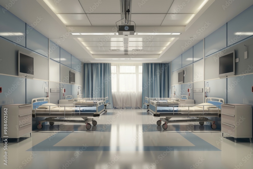 Fototapeta premium Patient Hospital Room. Equipped with Modern Medical Equipment and Comfortable Beds for Recovery